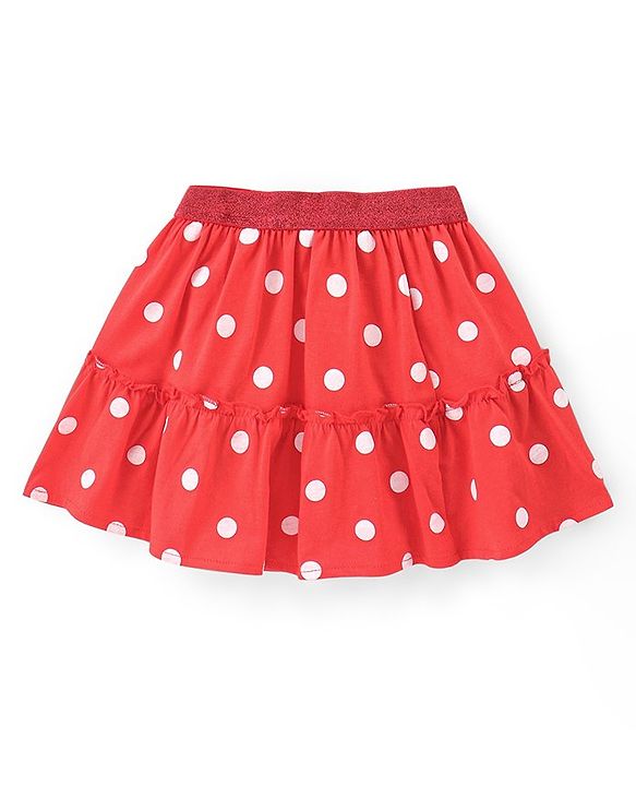 Babyhug Disney Cotton Knit Half Sleeves Top & Mid Length Skirt Set With Frill Detail & Minnie Mouse Graphics - Navy & Red