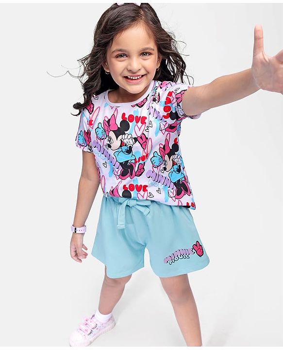 Babyhug Disney Cotton Knit Half Sleeves T-Shirt & Shorts Set With Minnie Mouse Graphics - Multicolor