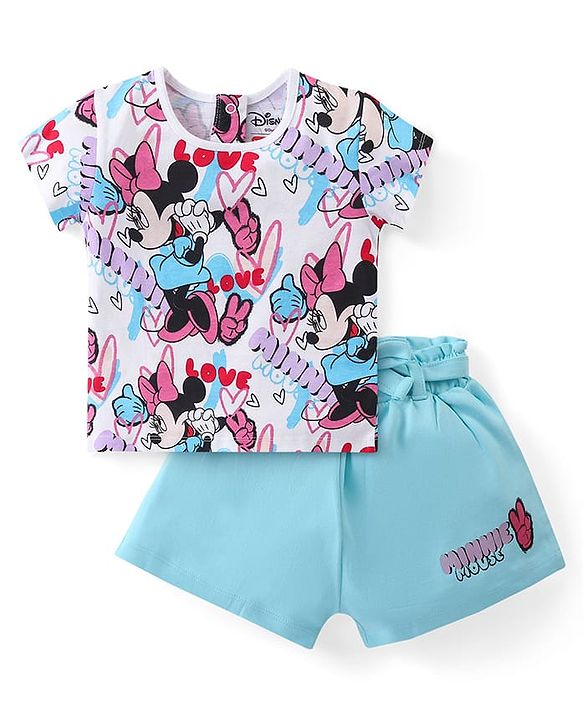 Babyhug Disney Cotton Knit Half Sleeves T-Shirt & Shorts Set With Minnie Mouse Graphics - Multicolor