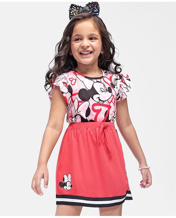 Babyhug Disney Cotton Knit Frill Sleeves Top & Shorts Set With Minnie Mouse Graphics - Red