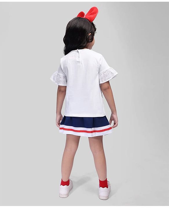 Babyhug Disney Cotton Knit Bell Sleeves Top & Mid Length Skirt Set With Minnie Mouse Graphics - White Black & Blue