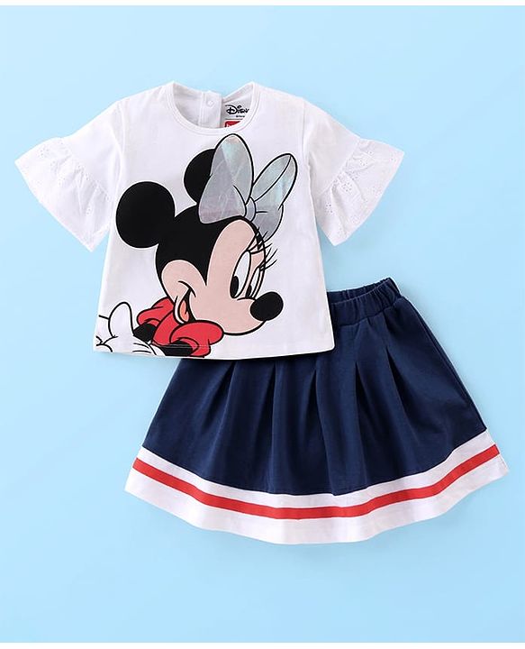 Babyhug Disney Cotton Knit Bell Sleeves Top & Mid Length Skirt Set With Minnie Mouse Graphics - White Black & Blue