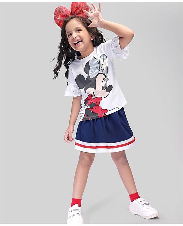 Babyhug Disney Cotton Knit Bell Sleeves Top & Mid Length Skirt Set With Minnie Mouse Graphics - White Black & Blue