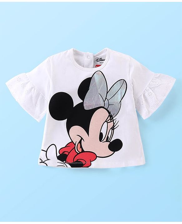 Babyhug Disney Cotton Knit Bell Sleeves Top & Mid Length Skirt Set With Minnie Mouse Graphics - White Black & Blue