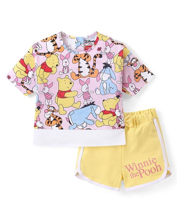 Babyhug Disney Single Jersey Knit Half Sleeves T-Shirt & Shorts Set With Winnie The Pooh Print - Multicolor