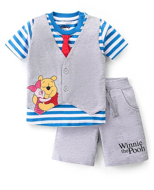 Babyhug Disney Cotton Knit Half Sleeves T-Shirt With Attached Waist Coat & Shorts Set With Winnie The Pooh Graphics - Grey