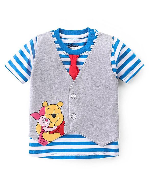 Babyhug Disney Cotton Knit Half Sleeves T-Shirt With Attached Waist Coat & Shorts Set With Winnie The Pooh Graphics - Grey