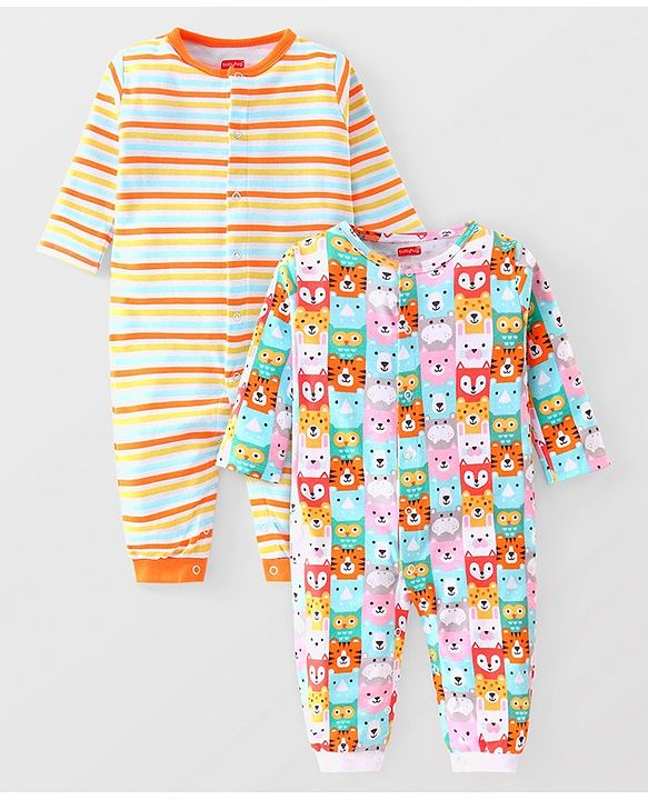 Babyhug 100% Cotton Knit Full Sleeves Striped & Animal Printed Rompers Pack of 2 - Multicolour