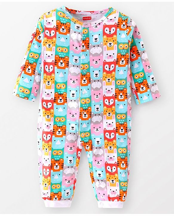 Babyhug 100% Cotton Knit Full Sleeves Striped & Animal Printed Rompers Pack of 2 - Multicolour