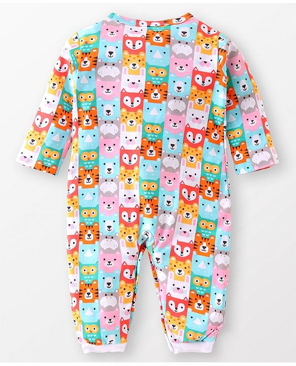 Babyhug 100% Cotton Knit Full Sleeves Striped & Animal Printed Rompers Pack of 2 - Multicolour