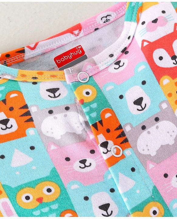 Babyhug 100% Cotton Knit Full Sleeves Striped & Animal Printed Rompers Pack of 2 - Multicolour