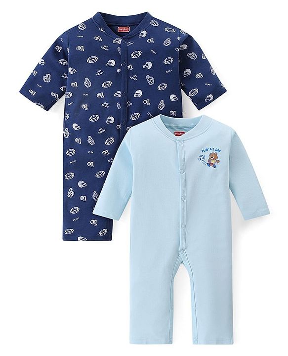 Babyhug 100% Cotton Knit Full Sleeves Rugby Printed Rompers Pack of 2 - Multicolour