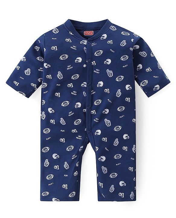 Babyhug 100% Cotton Knit Full Sleeves Rugby Printed Rompers Pack of 2 - Multicolour