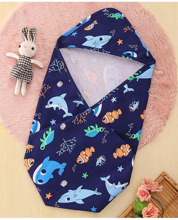 Babyhug Interlock Hooded Wrappers With Dolphin Print L 76.2 x B 76.2 cm - Blue