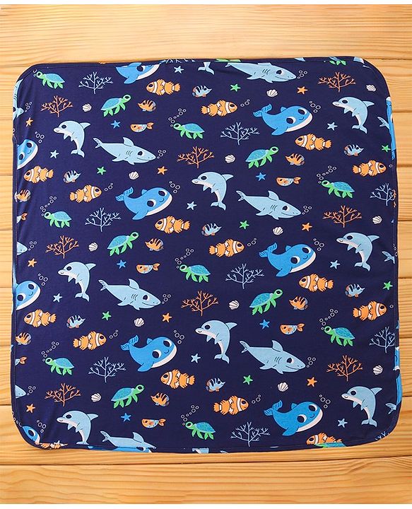 Babyhug Interlock Hooded Wrappers With Dolphin Print L 76.2 x B 76.2 cm - Blue