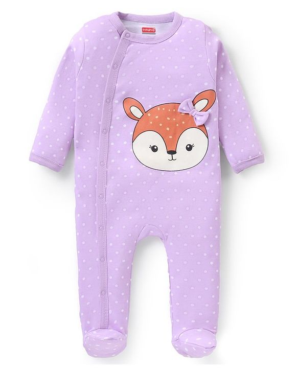 Babyhug Interlock Full Sleeves Polka Dotted Sleepsuit with Deer Print & Bow - Purple