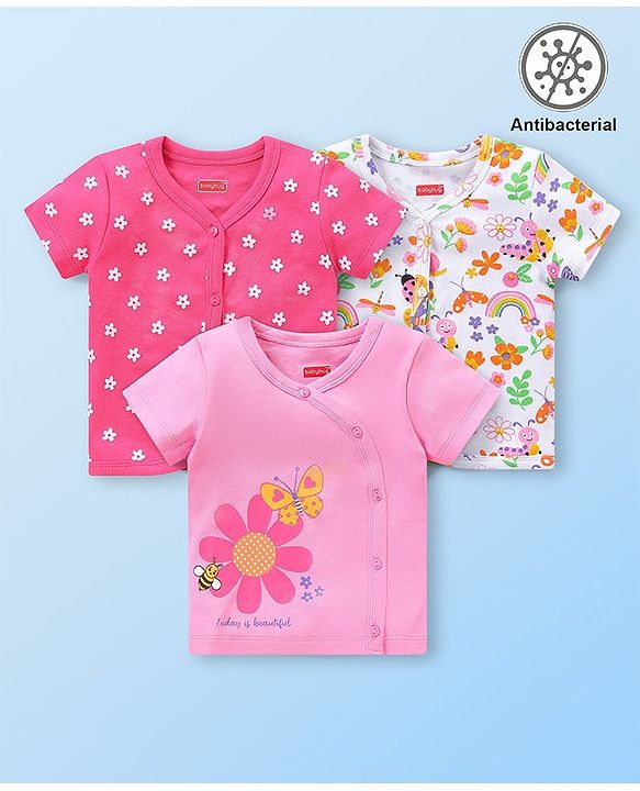 Babyhug 100% Cotton Knit Half Sleeves Antibacterial Set of Vests with Floral Print Pack of 3 - Multicolour