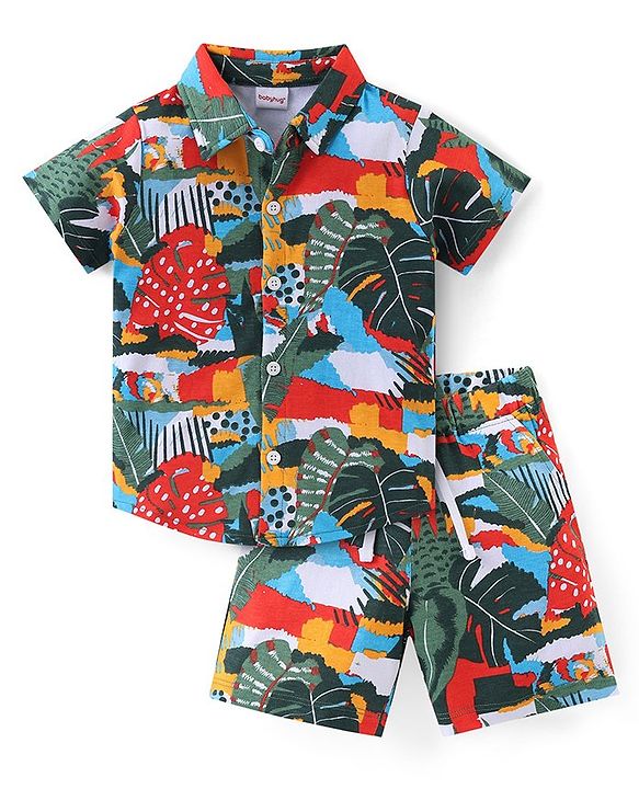 Babyhug Cotton Knit Half Sleeves Shirt & Shorts Set With Tropical Print - Multicolor