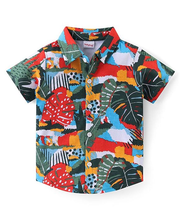 Babyhug Cotton Knit Half Sleeves Shirt & Shorts Set With Tropical Print - Multicolor