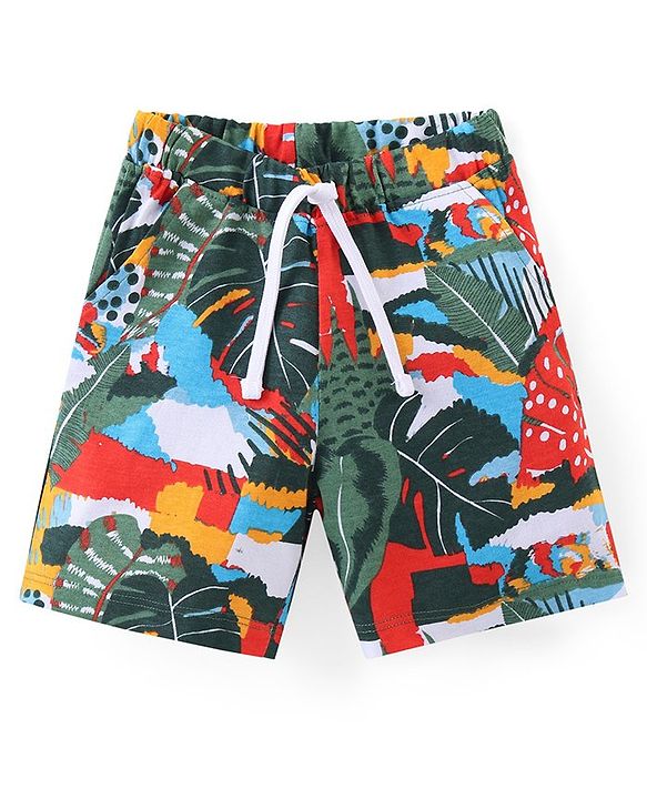 Babyhug Cotton Knit Half Sleeves Shirt & Shorts Set With Tropical Print - Multicolor