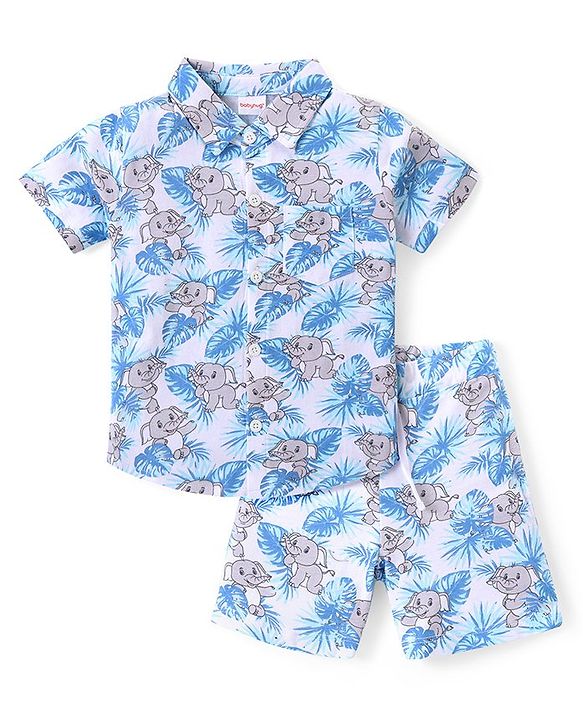 Babyhug Cotton Knit Half Sleeves Elephant Printed Shirt & Shorts Set - Blue