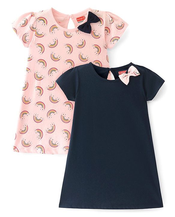 Babyhug Single Jersey Knit Half Sleeves Frock With Rainbow Print & Bow Applique Pack of 2- Pink & Navy Blue