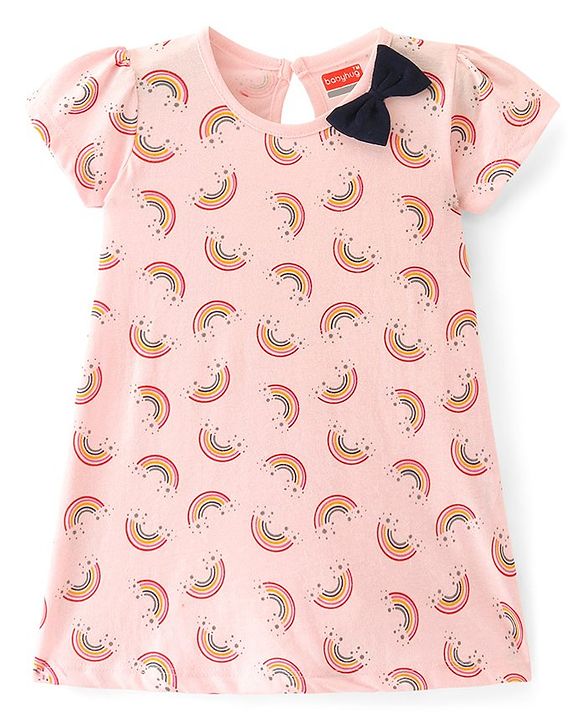 Babyhug Single Jersey Knit Half Sleeves Frock With Rainbow Print & Bow Applique Pack of 2- Pink & Navy Blue