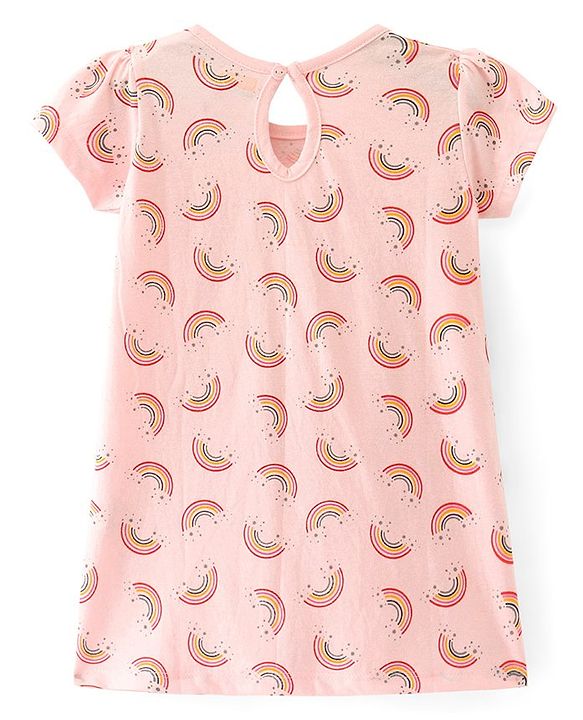 Babyhug Single Jersey Knit Half Sleeves Frock With Rainbow Print & Bow Applique Pack of 2- Pink & Navy Blue