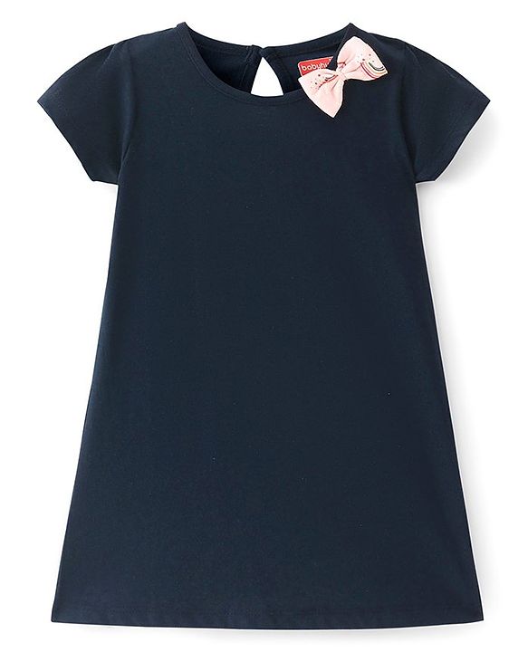 Babyhug Single Jersey Knit Half Sleeves Frock With Rainbow Print & Bow Applique Pack of 2- Pink & Navy Blue