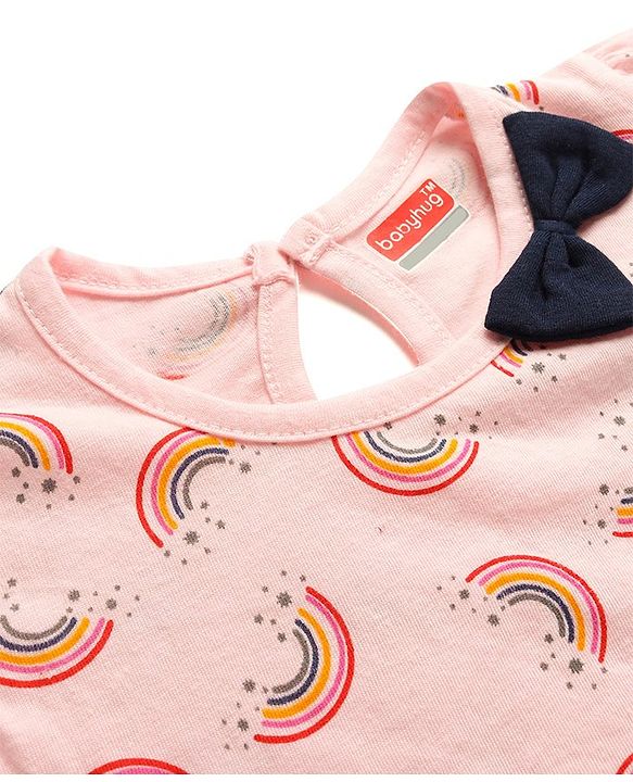 Babyhug Single Jersey Knit Half Sleeves Frock With Rainbow Print & Bow Applique Pack of 2- Pink & Navy Blue