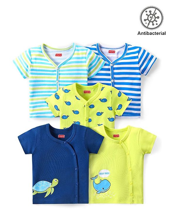 Babyhug 100% Cotton Interlock Anti Bacterial Half Sleeves Vests Dolphin & Striped Print Pack of 5 - Multicolor