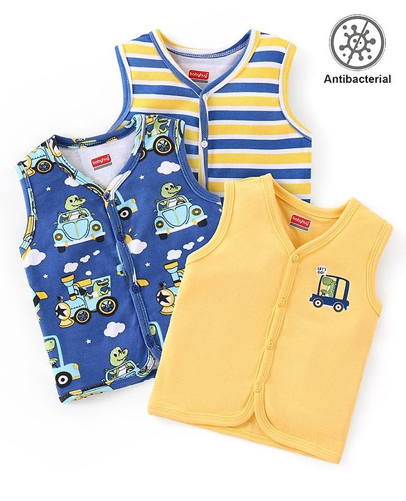 Babyhug 100% Cotton Knit Sleeveless Antibacterial Set of Vests Striped Car & Crocodile Print Pack of 3 - Multicolour