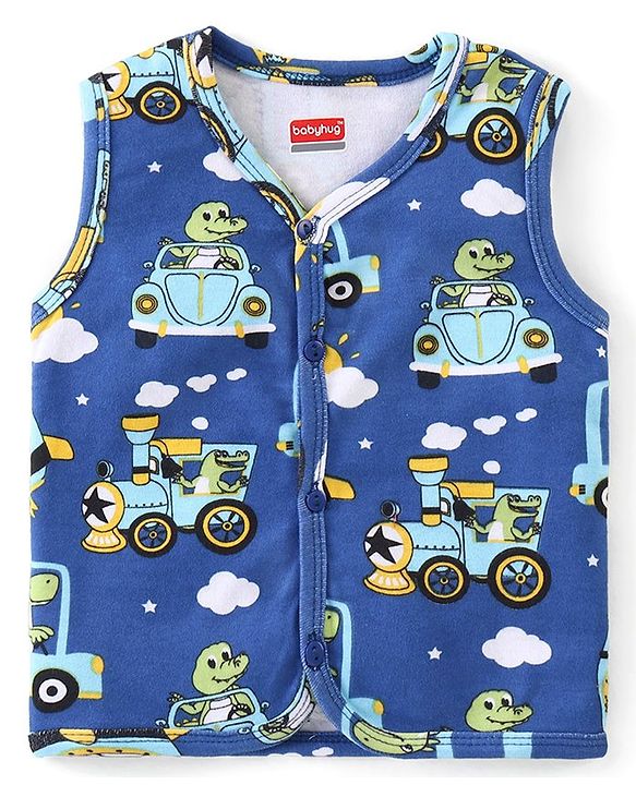 Babyhug 100% Cotton Knit Sleeveless Antibacterial Set of Vests Striped Car & Crocodile Print Pack of 3 - Multicolour