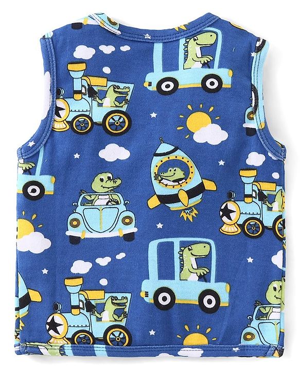 Babyhug 100% Cotton Knit Sleeveless Antibacterial Set of Vests Striped Car & Crocodile Print Pack of 3 - Multicolour