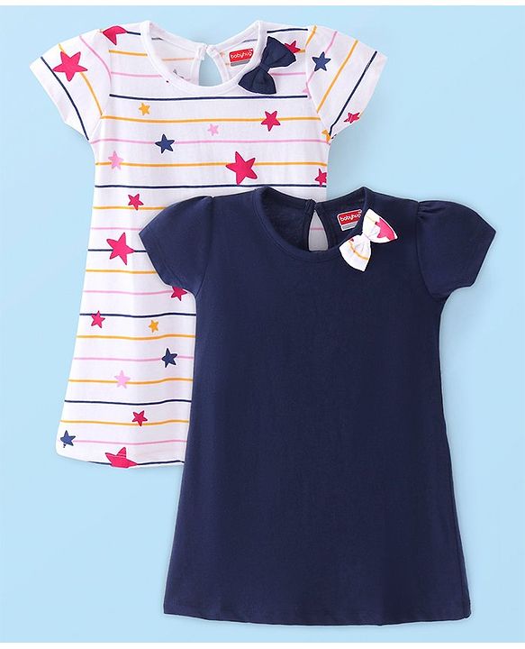Babyhug Cotton Knit Half Sleeves Frock with Star Print & Bow Applique Pack of 2 - Multicolour