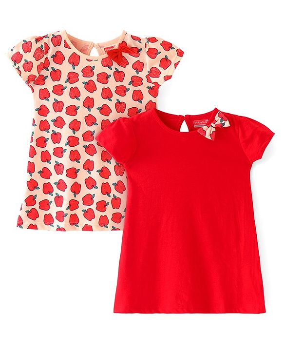 Babyhug Single Jersey Knit Half Sleeves Frock With Apple Print & Bow Applique Pack of 2- Peach & Red