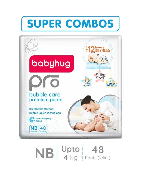 Babyhug Pro Bubble Care Premium Pant Style Diapers New Born Size Pack of 2 - 24 Pieces Each - New Born White