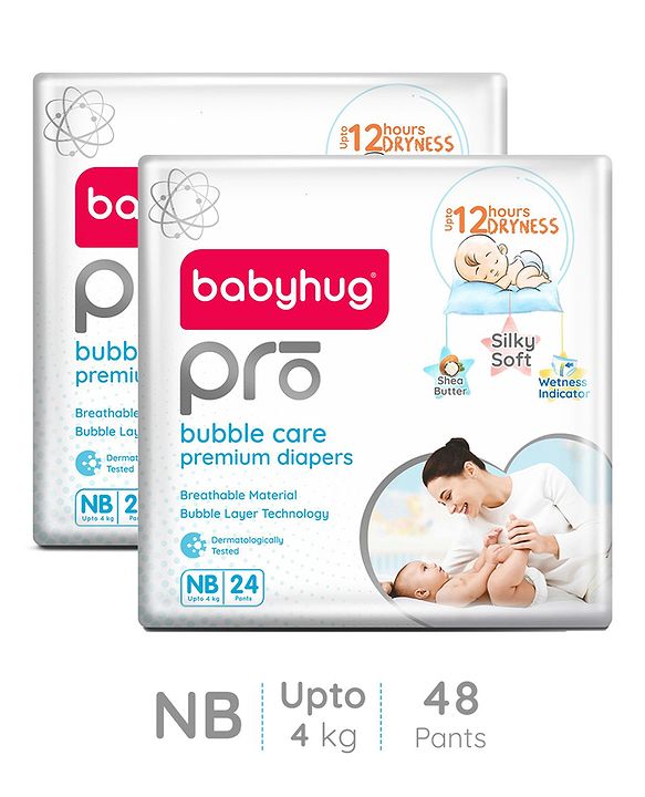 Babyhug Pro Bubble Care Premium Pant Style Diapers New Born Size Pack of 2 - 24 Pieces Each - New Born White