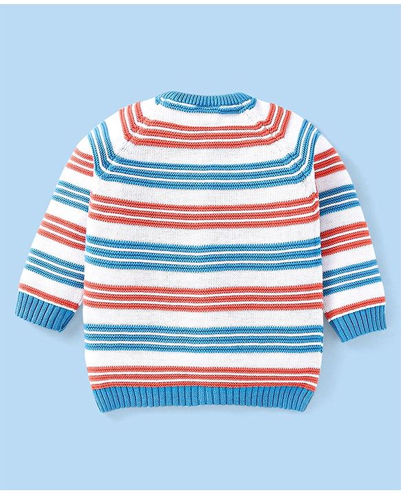 Babyhug Cotton Knitted Full Raglan Sleeves Front Open Striped Sweater - Blue