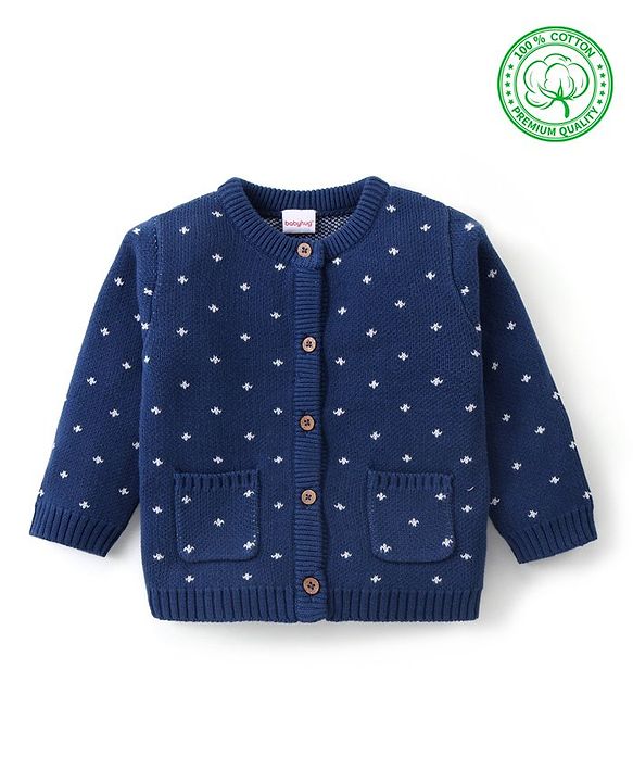 Babyhug Knitted Full Sleeves Front Open Design Sweater - Navy Blue
