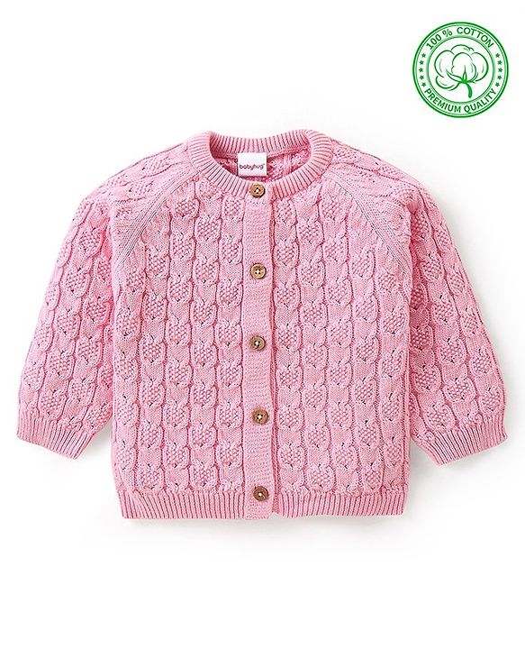 Babyhug Knitted Full Raglan Sleeves Front Open  Sweater with Cable Knit Design - Pink