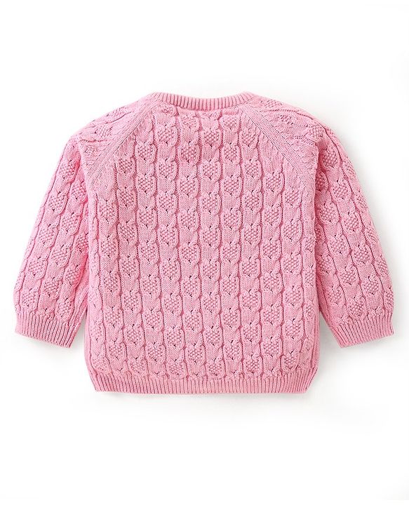 Babyhug Knitted Full Raglan Sleeves Front Open  Sweater with Cable Knit Design - Pink