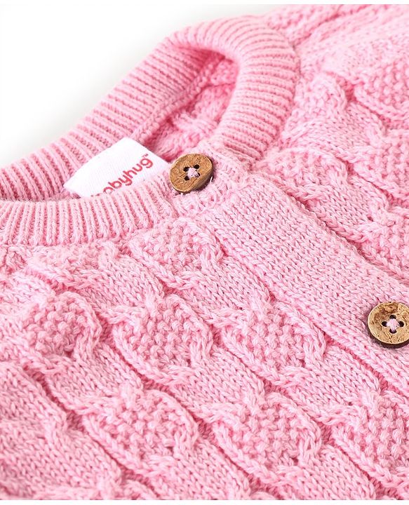 Babyhug Knitted Full Raglan Sleeves Front Open  Sweater with Cable Knit Design - Pink