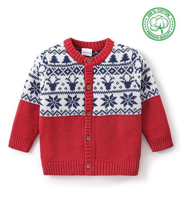 Babyhug Knitted Full Sleeves Front Open Sweater with Deer & Snowflake  Design - Red & Navy Blue