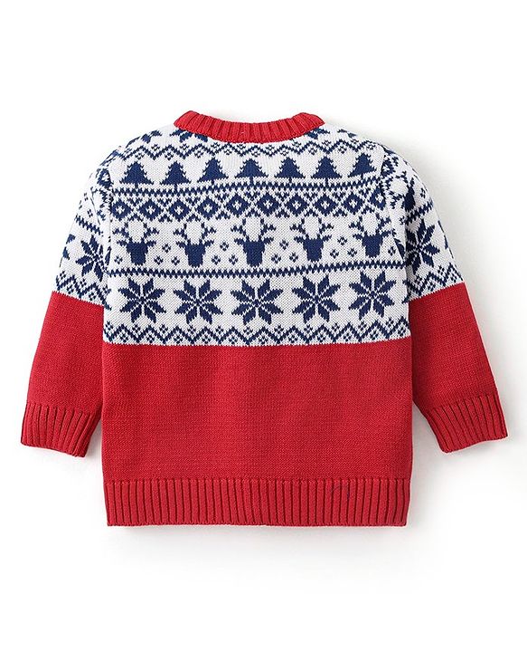 Babyhug Knitted Full Sleeves Front Open Sweater with Deer & Snowflake  Design - Red & Navy Blue