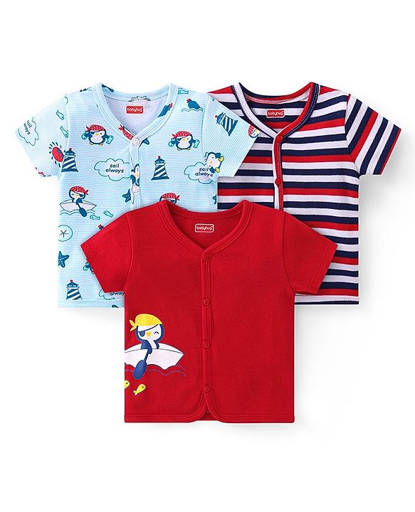 Babyhug 100% Interlock Cotton Knit Half Sleeves Front Open Antibacterial Vests with Stripes & Penguin Print Pack of 3 - Blue & Red