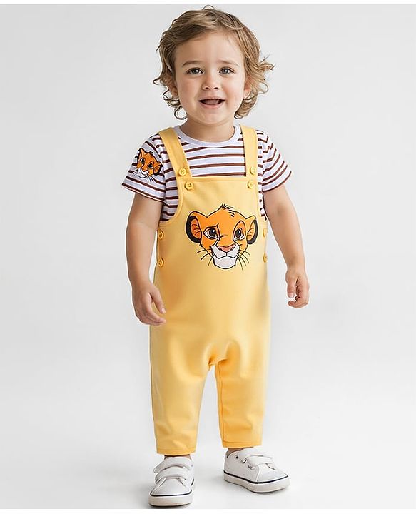 Babyhug Disney Single Jersey Knit Dungaree with Half Sleeve T-Shirt Lion King Print - Yellow
