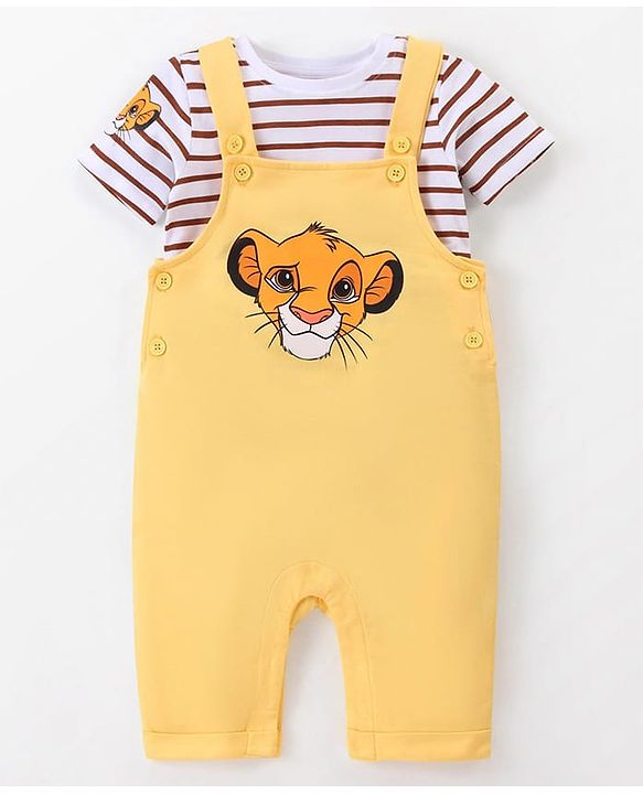 Babyhug Disney Single Jersey Knit Dungaree with Half Sleeve T-Shirt Lion King Print - Yellow