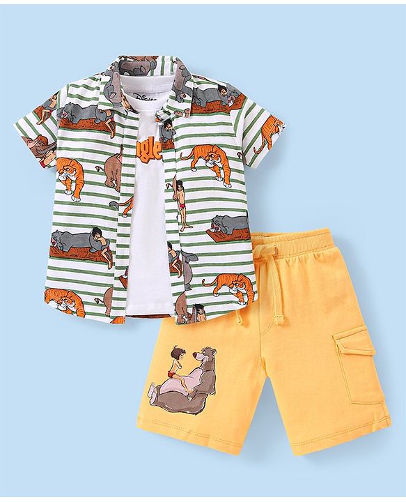 Babyhug Disney Cotton Knit Half Sleeves Shirt & Shorts Set with Inner Tee & The Jungle Book Graphics - Multicolour