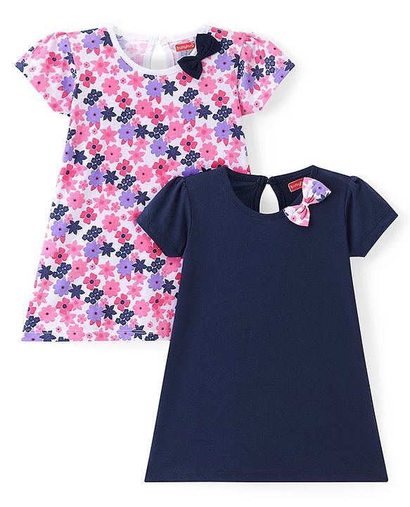 Babyhug Single Jersey Knit Half Sleeves Frocks With Floral Print & Bow Applique Pack of 2 - White & Navy Blue